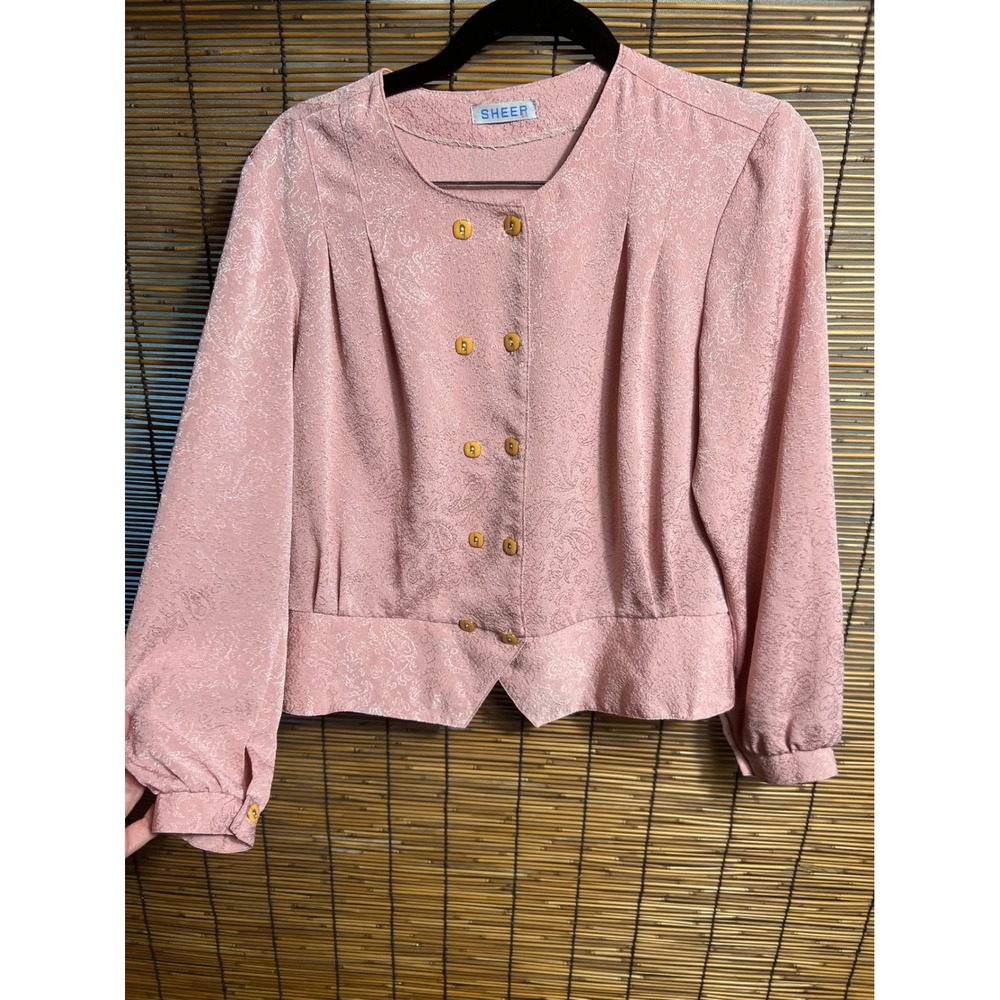 Vintage Sheep Pink Paisley Jacquard Double Breasted Blouse Long Sleeve Top